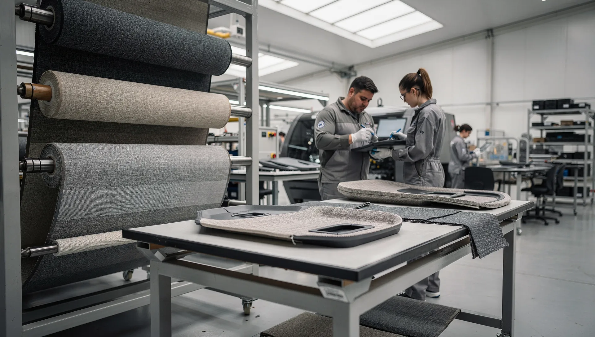 Lavorazione tessile industriale per componenti di interni auto con tessuti accoppiati e rivestimenti tecnici